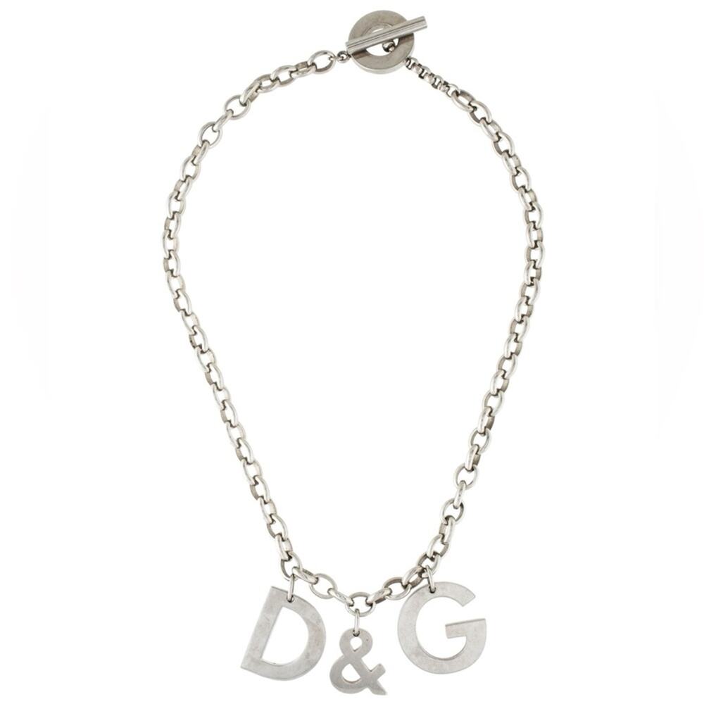 Dolce & Gabbana Silver Metal Chain Link Toggle HUGE Logo Charm Choker Necklace